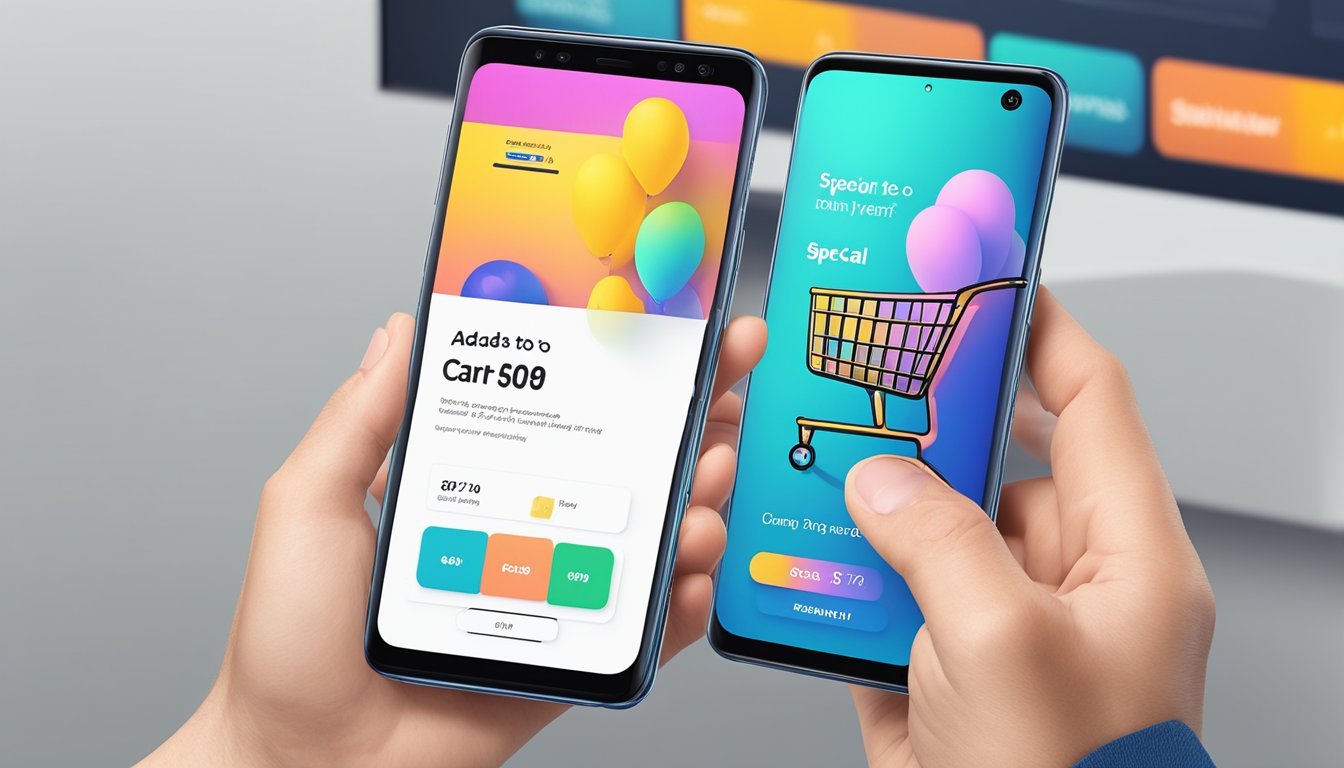 A hand clicks "Add to Cart" on a Samsung s10e product page. "Special Offer" banner is visible. Multiple payment options shown