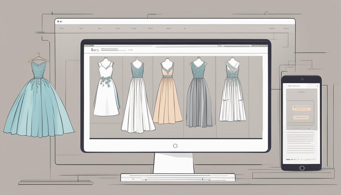 A computer screen displays a variety of elegant gowns on a website, with detailed descriptions and sizing options. A cursor hovers over a "buy now" button