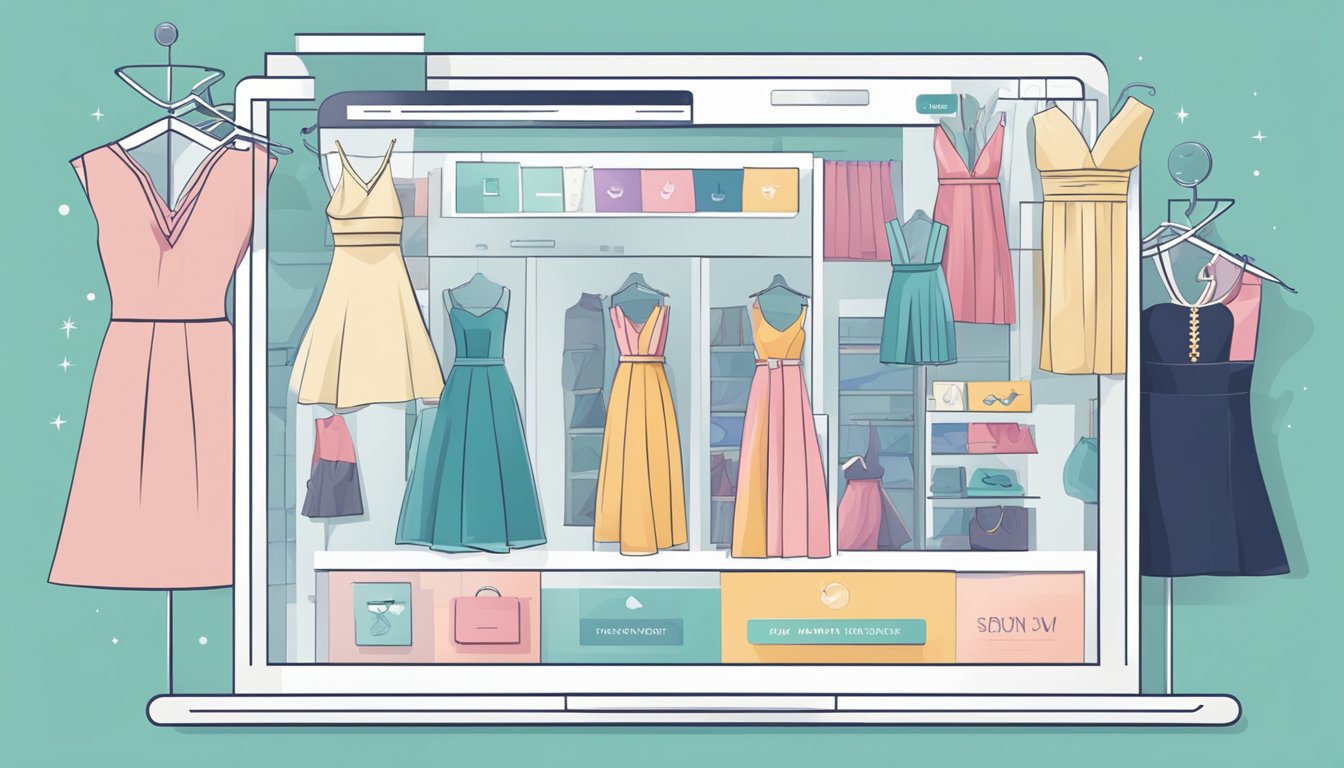 A computer screen displaying an online gown store with a variety of elegant dresses. A cursor hovers over a "buy now" button