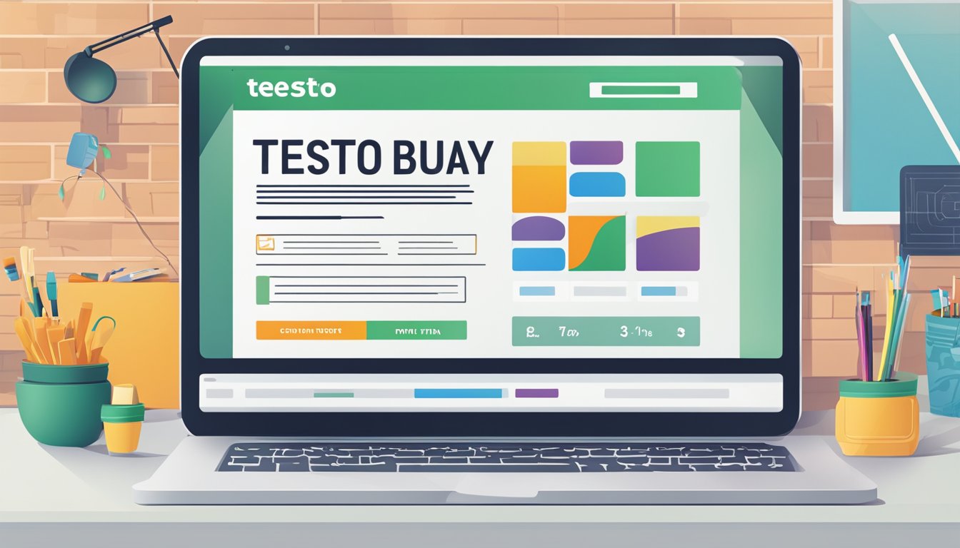 A computer screen displaying a website with the words "testo ultra buy online" in bold lettering