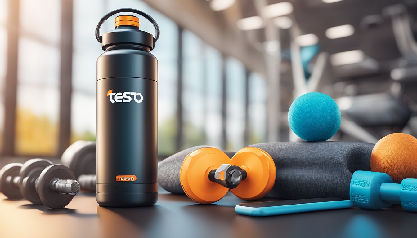 A bottle of Testo Ultra sits on a sleek, modern surface, surrounded by gym equipment and a vibrant, energetic atmosphere