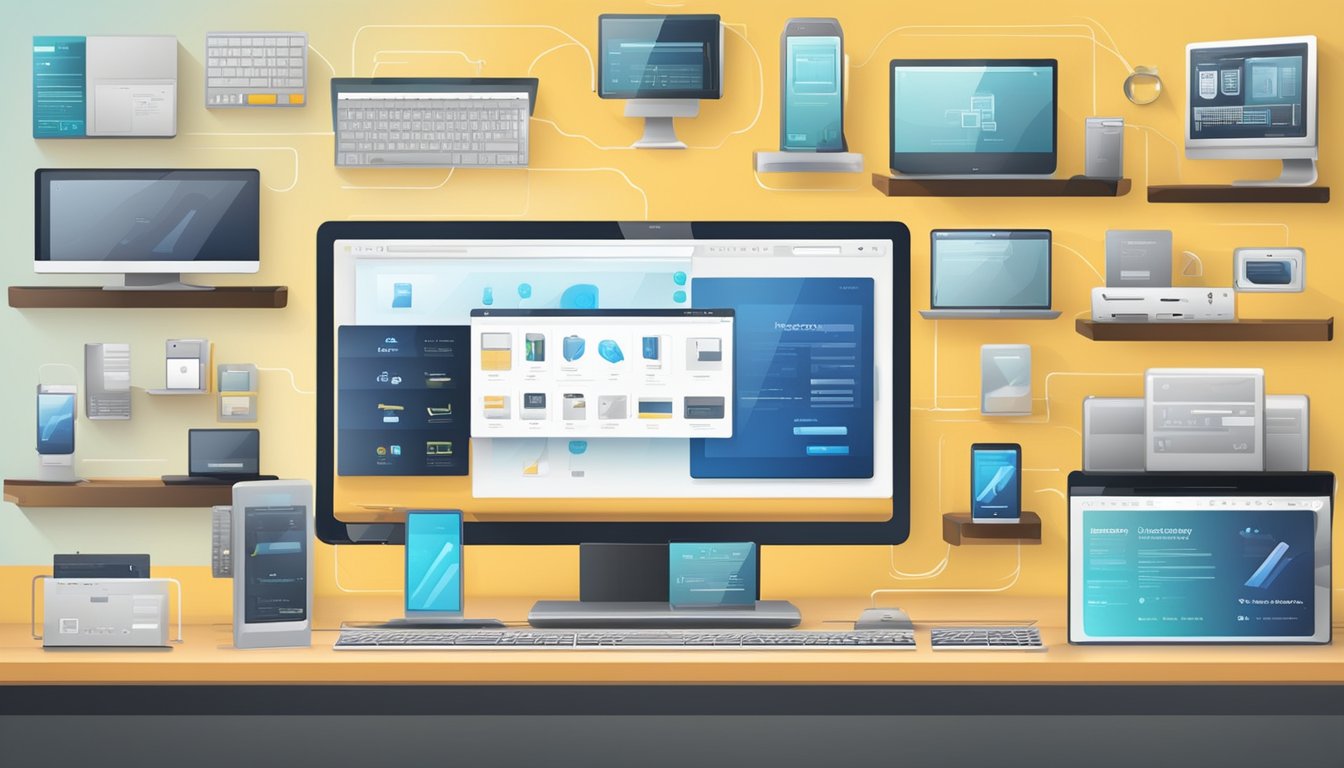 A computer screen displaying a wide variety of hardware products, with a sleek and modern website design, and a seamless online shopping experience