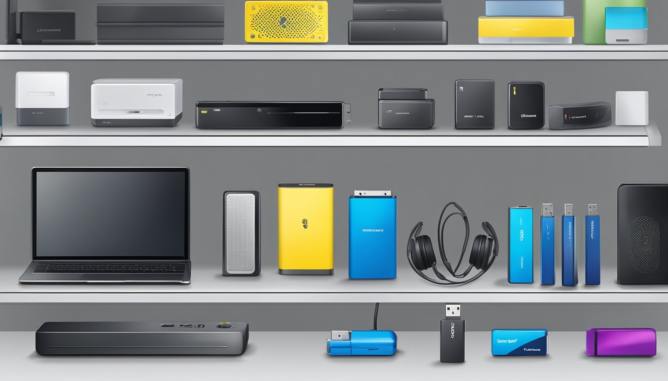 A USB wireless adapter displayed on a shelf in a Best Buy store, surrounded by other electronic accessories