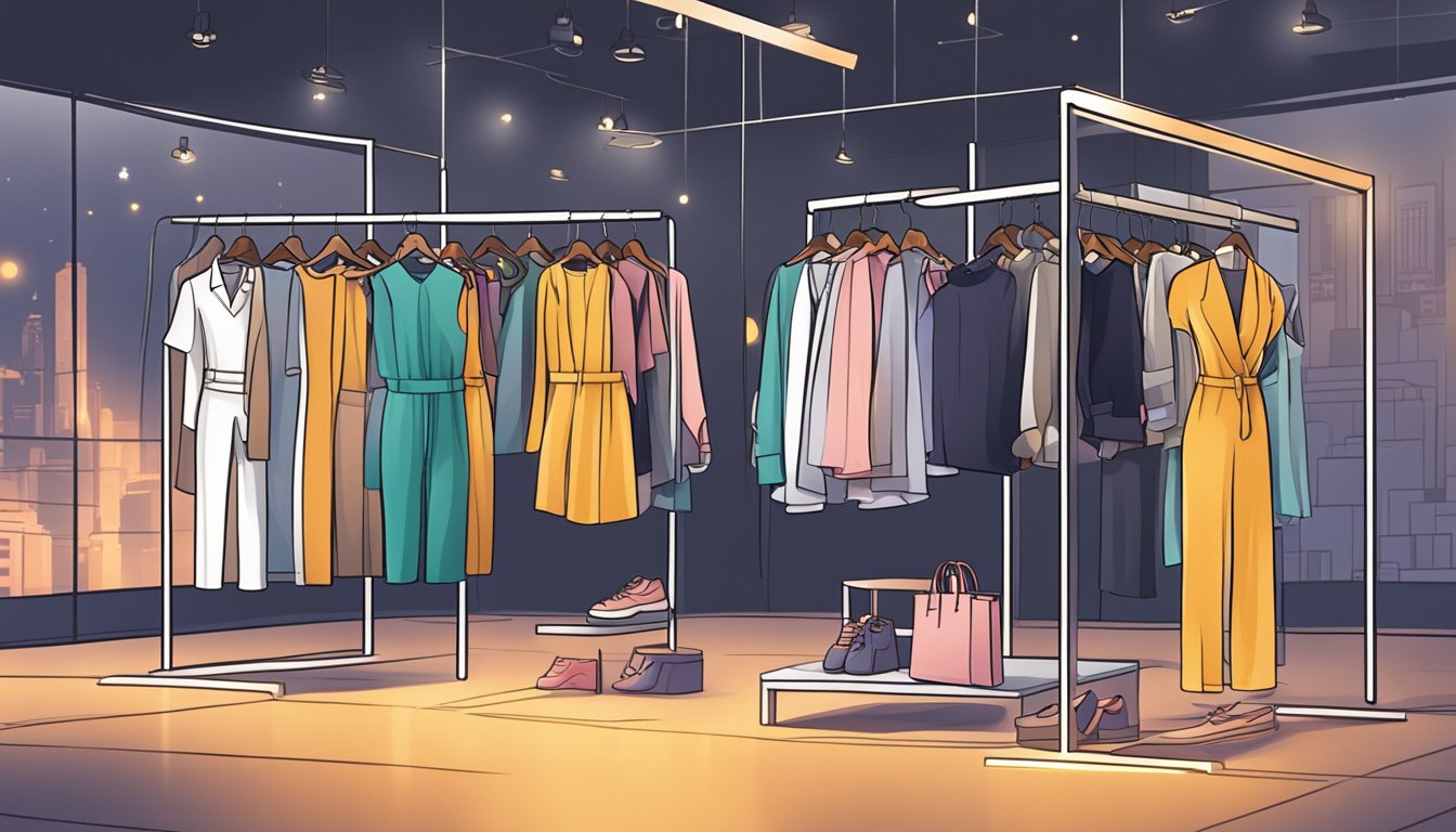 A sleek jumpsuit hanging on a clothing rack, surrounded by other stylish outfits. Bright lights illuminate the display, showcasing the perfect jumpsuit for online shoppers in Singapore