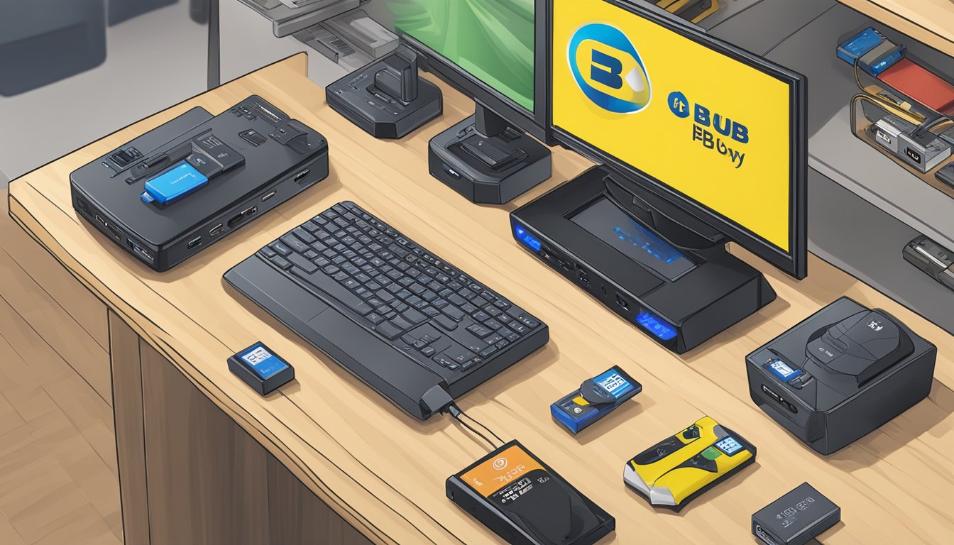 A USB wireless adapter displayed on a Best Buy store shelf, surrounded by other electronic accessories
