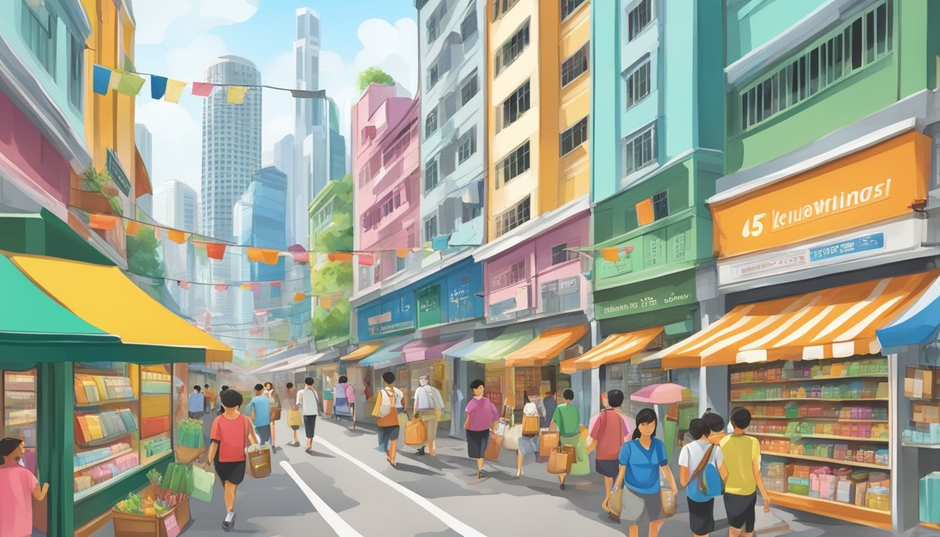 A busy street in Singapore, with colorful shop signs and people carrying bags, leading to a stationery store selling A5 paper