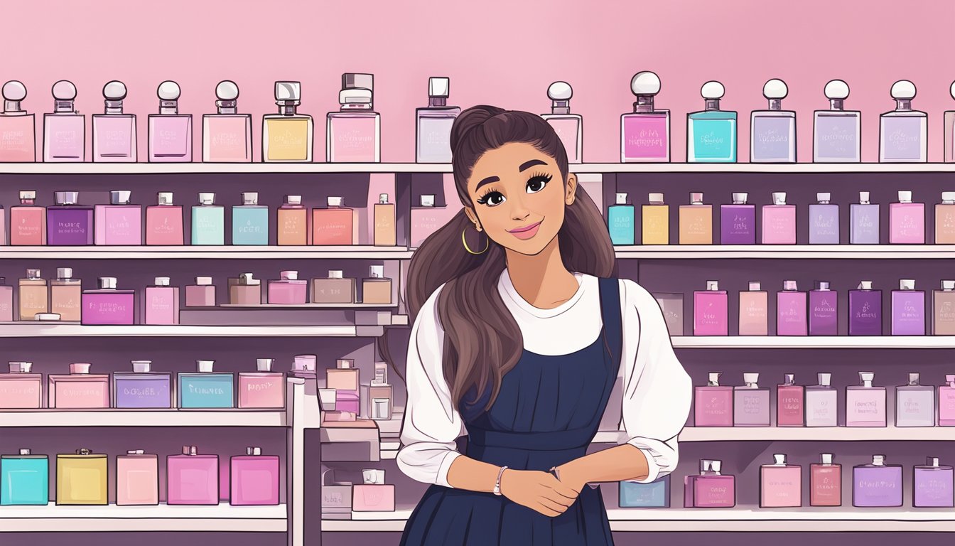 A shelf with Ariana Grande perfume bottles in a Singapore store, with a sign reading "Frequently Asked Questions: Where to buy Ariana Grande perfume in Singapore."