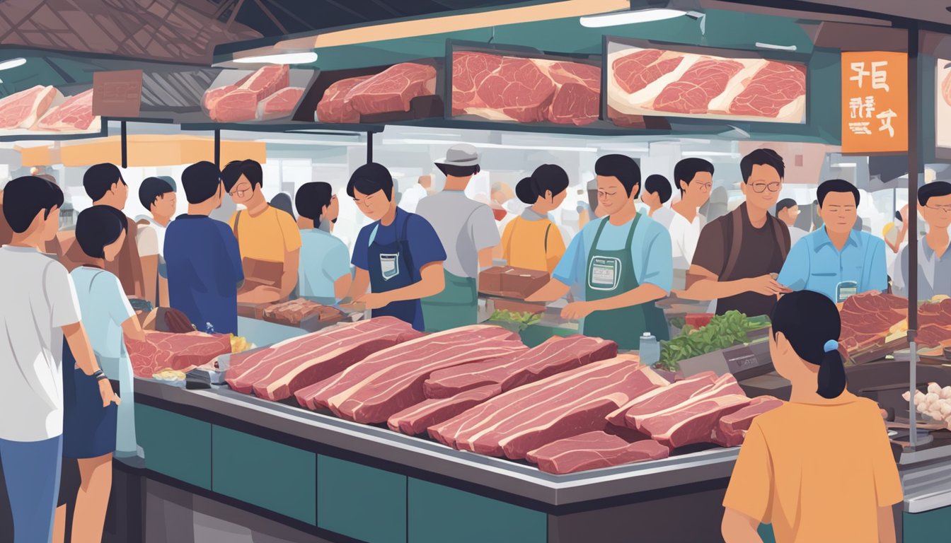 A bustling market stall displays fresh beef ribs in Singapore. Shoppers browse the selection, while the vendor arranges the cuts on ice