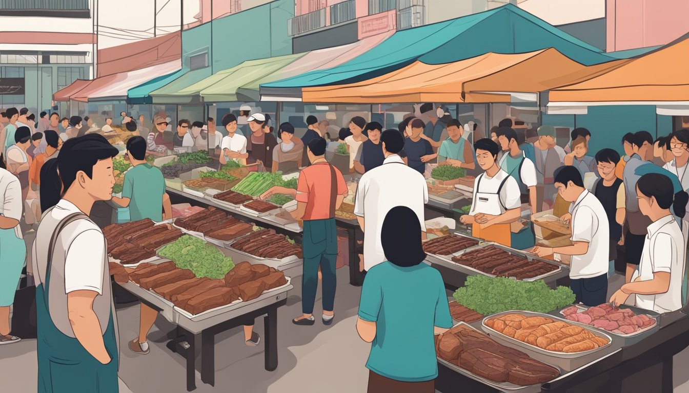 A bustling Singapore market with vendors showcasing succulent beef ribs, surrounded by eager customers sampling and purchasing the best cuts