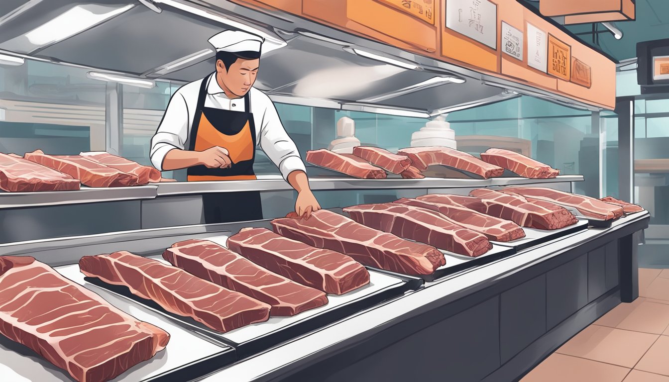 A butcher carefully selects and trims beef ribs at a local market in Singapore. A variety of ribs are displayed on ice, ready for purchase