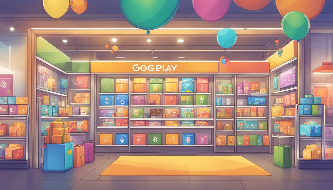 A brightly lit store display showcasing Google Play gift cards in various denominations, with a prominent sign indicating "Where to Purchase Google Play Gift Cards in Singapore."
