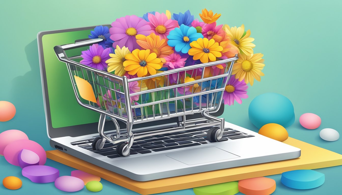 Colorful flowers arranged in a virtual shopping cart, with a "buy now" button and a computer or smartphone nearby
