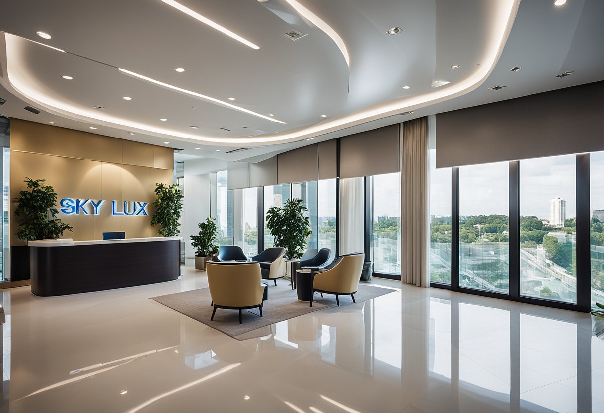 A luxurious travel agency office with modern decor, large windows, and a sleek reception area. The logo "Sky Lux Travel" is prominently displayed on the wall