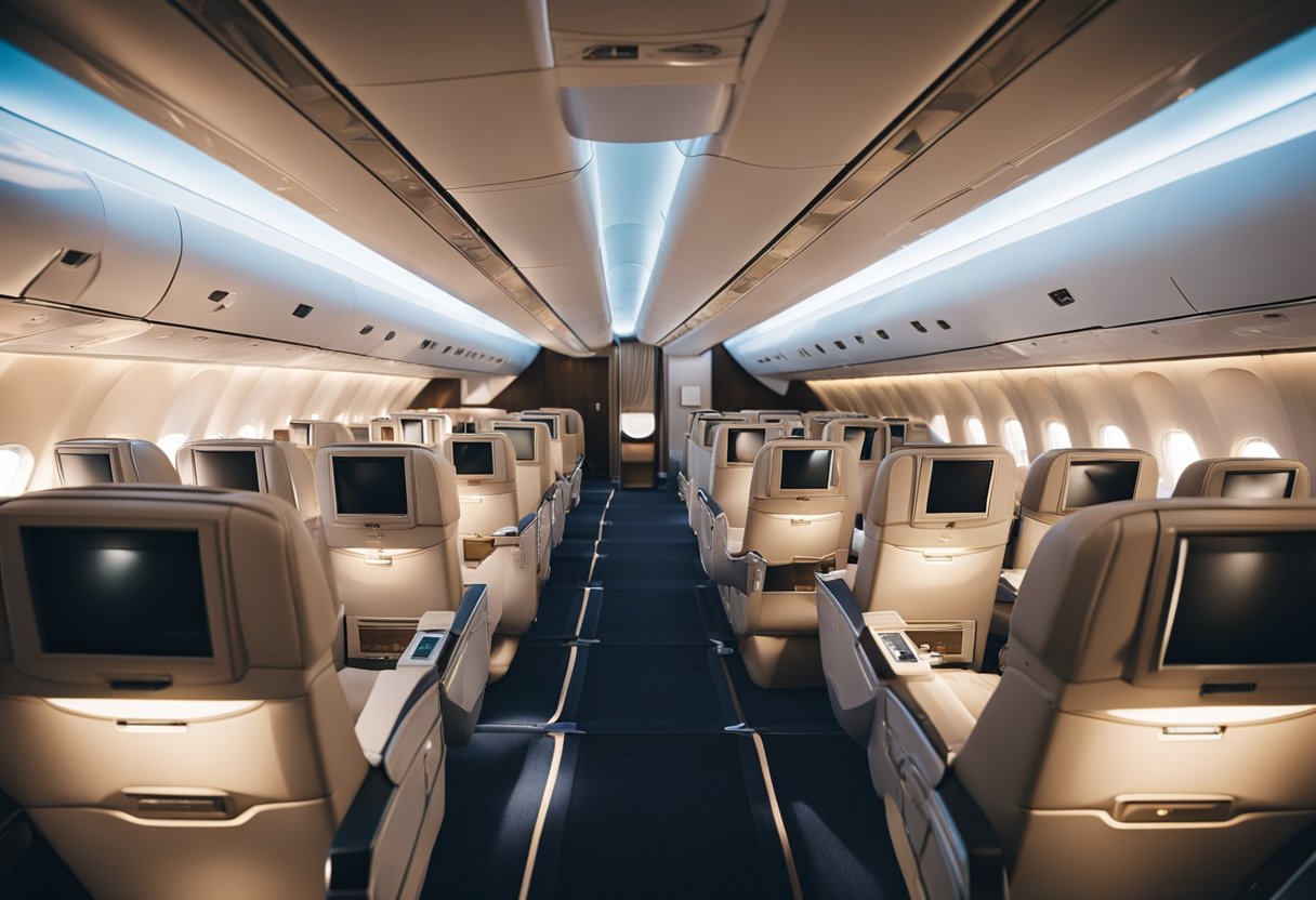 A luxurious airplane cabin with spacious seating, elegant decor, and attentive service