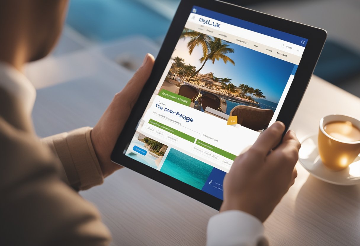 A customer selects a luxury travel package online. Their cursor clicks "book now" on the Sky Lux Travel website