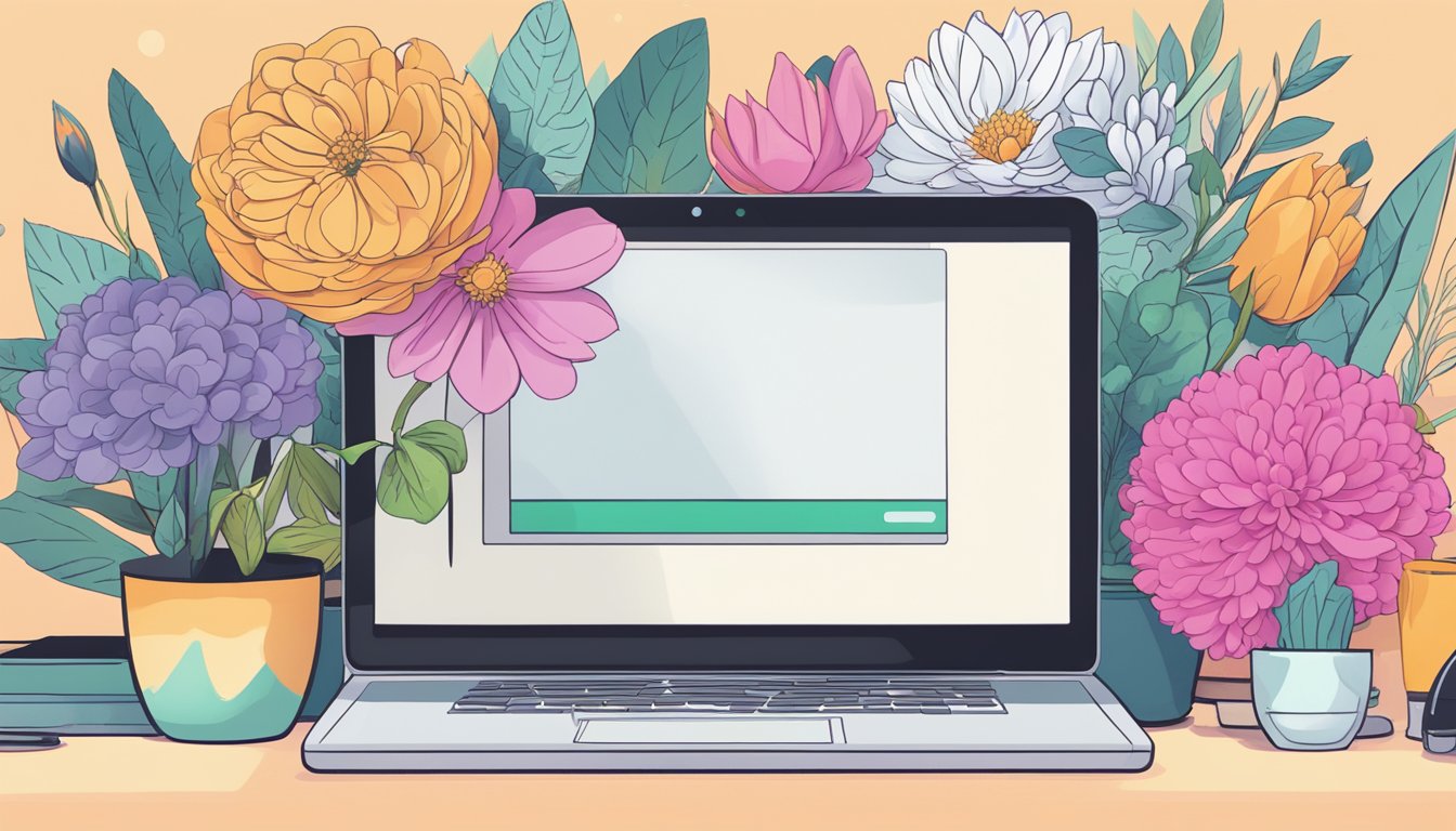 Vibrant blooms displayed on a computer screen, with a hand cursor hovering over the "Add to Cart" button