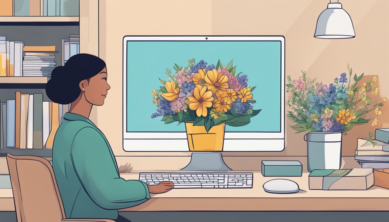 A hand reaches out to a computer, effortlessly ordering loose flowers online. A delivery person stands at the door, holding a bouquet