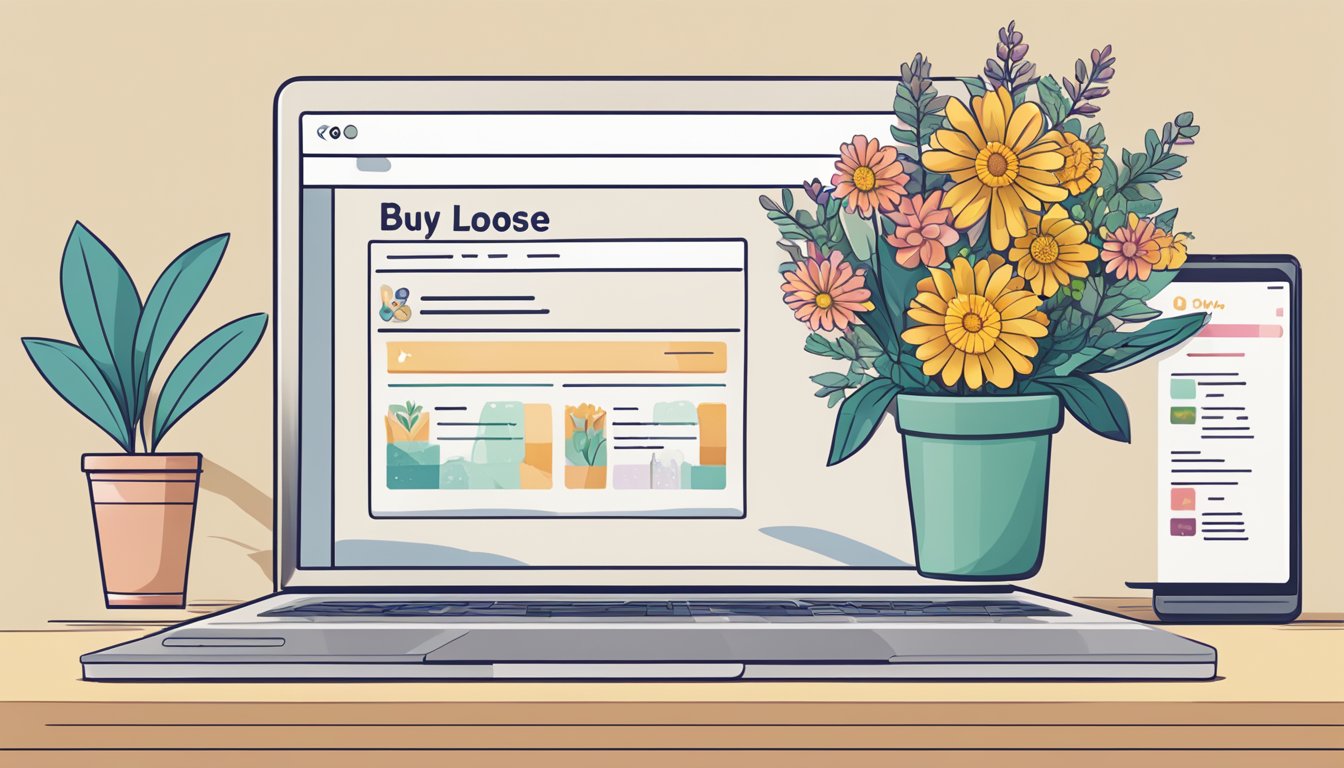 A computer screen displaying an online flower shop with a list of frequently asked questions. A cursor hovers over the "buy loose flowers online" option