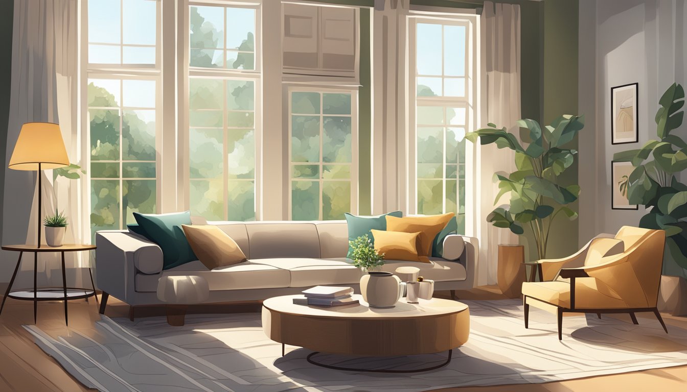 A cozy living room with a plush sofa, elegant coffee table, and soft area rug. Sunlight streams in through large windows, highlighting the beautiful furniture