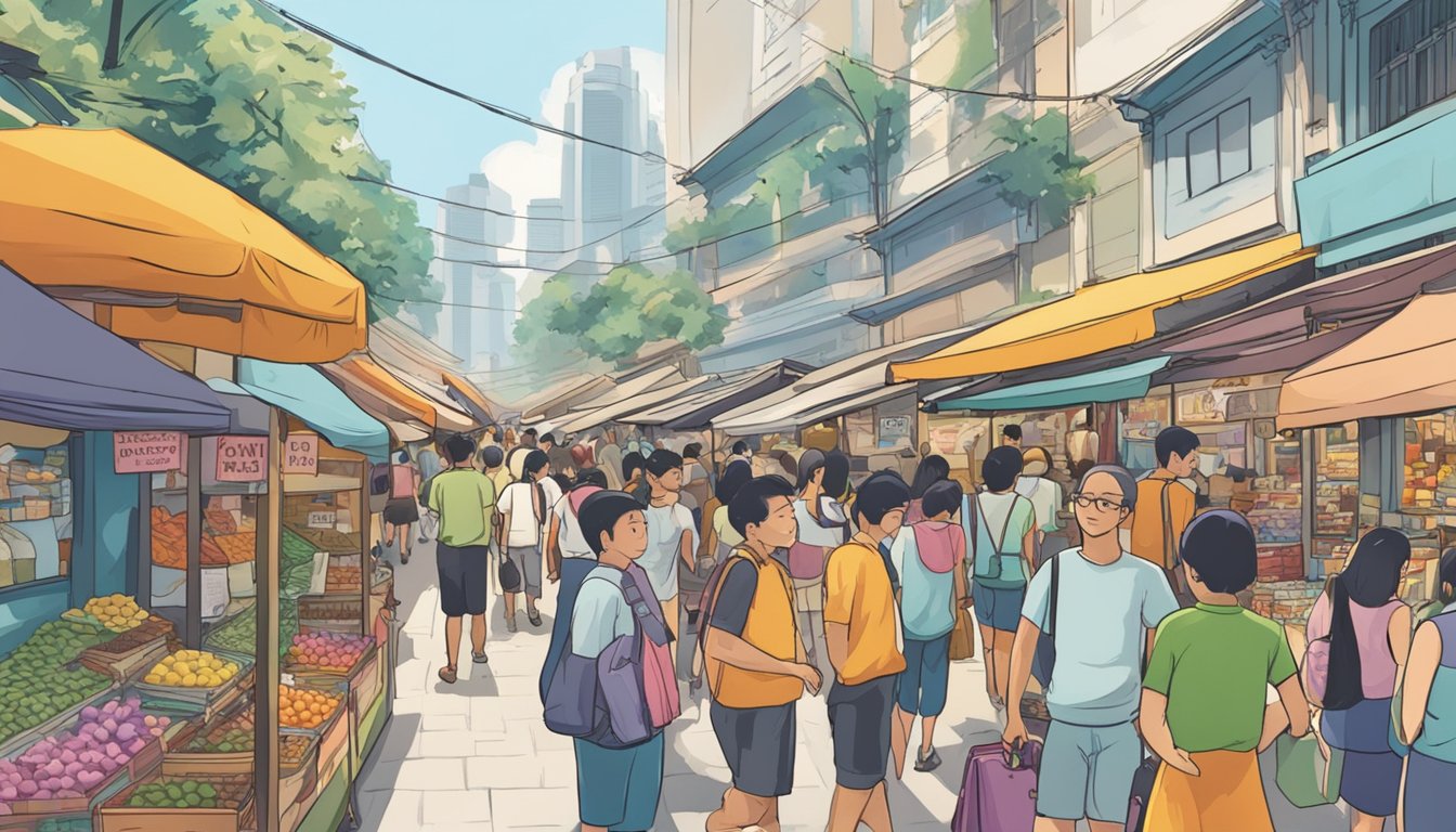 A bustling market street in Singapore, with colorful stalls selling a variety of goods. A sign prominently displays "Fake Braces for Sale" with a crowd of curious onlookers