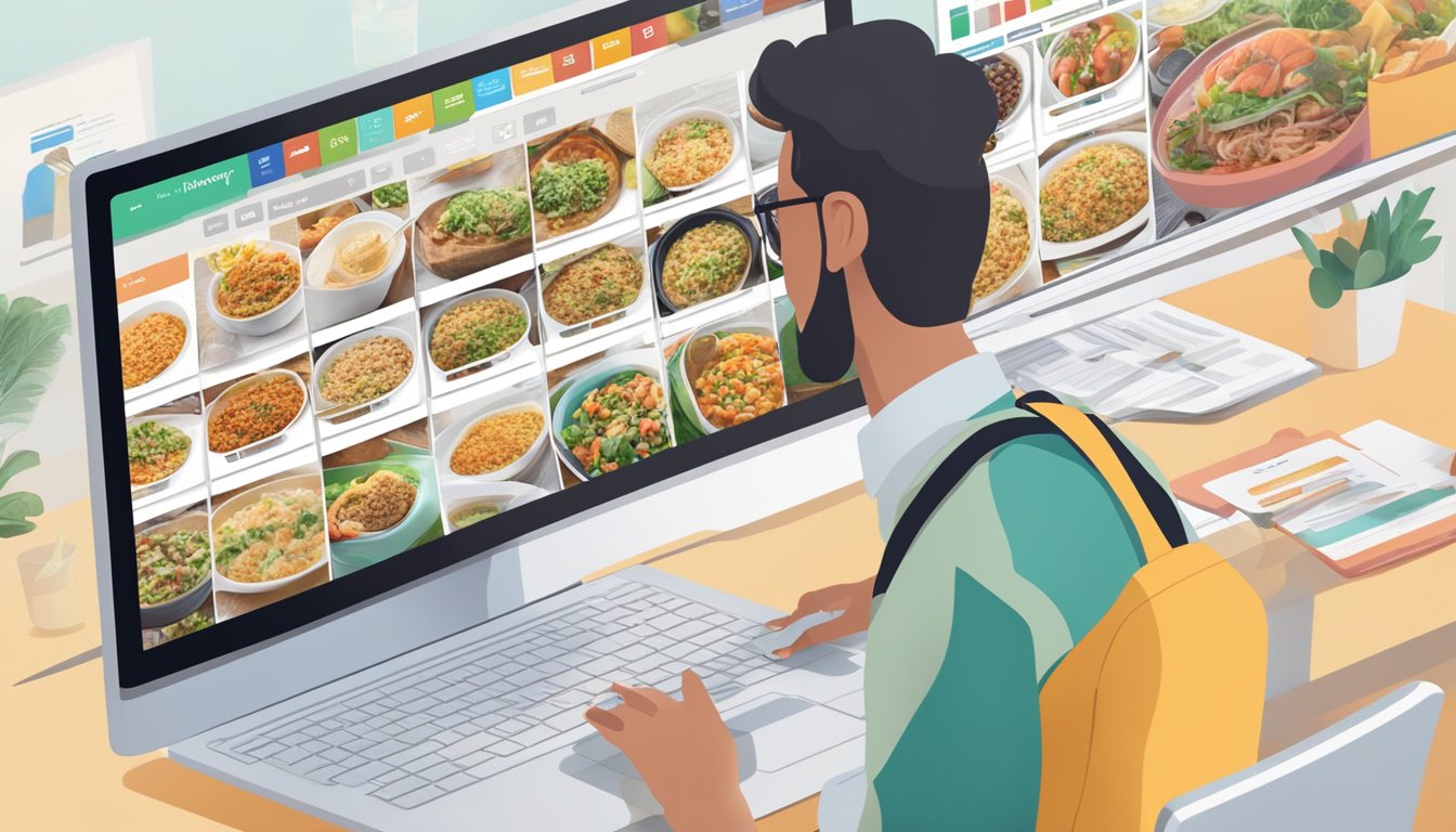 A person scrolling through a variety of meal options on a computer screen, with colorful images and clear descriptions. A "buy now" button is prominently displayed