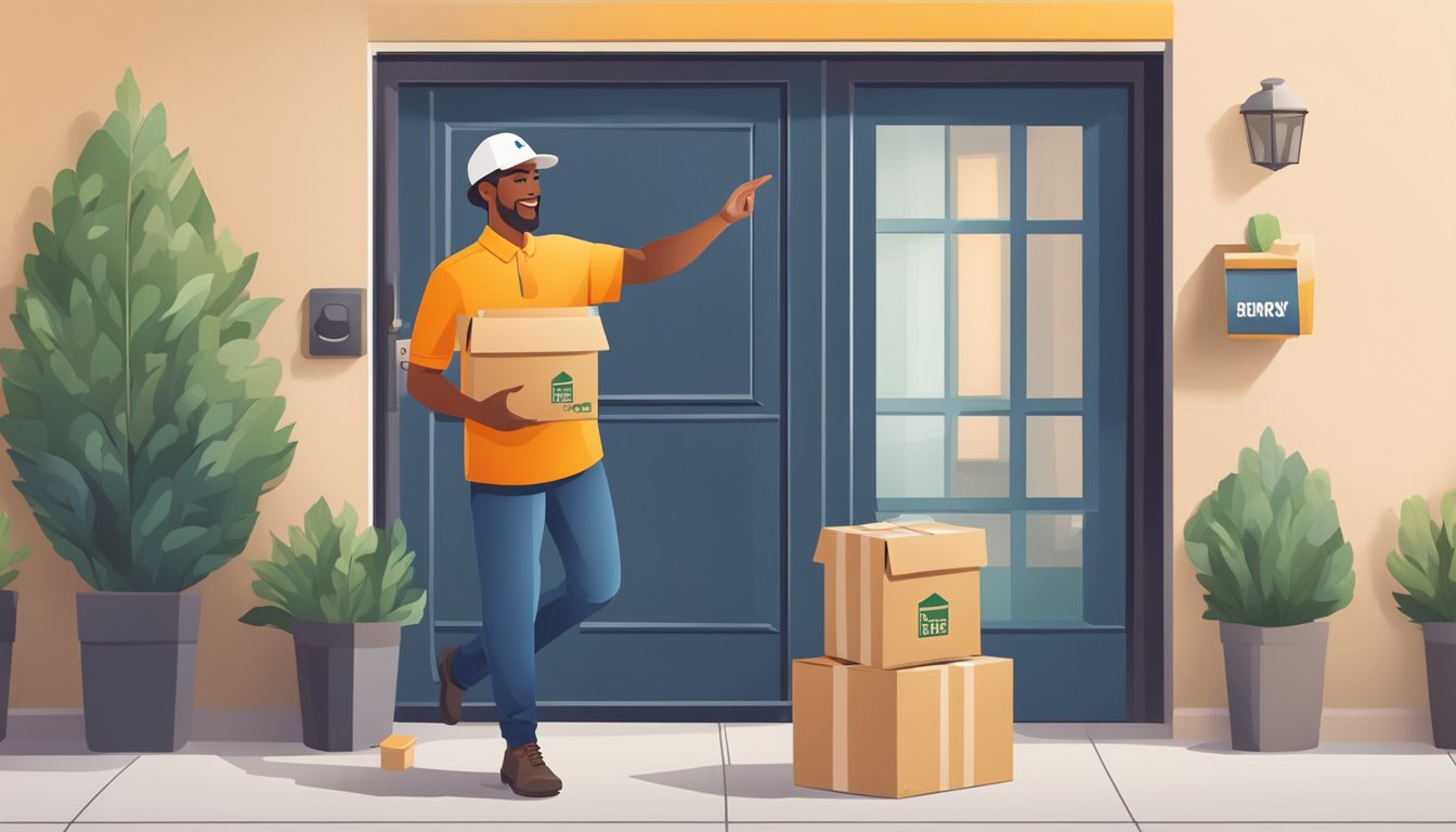 A delivery person drops off a package at a front door, with a logo of a meal delivery service on the box