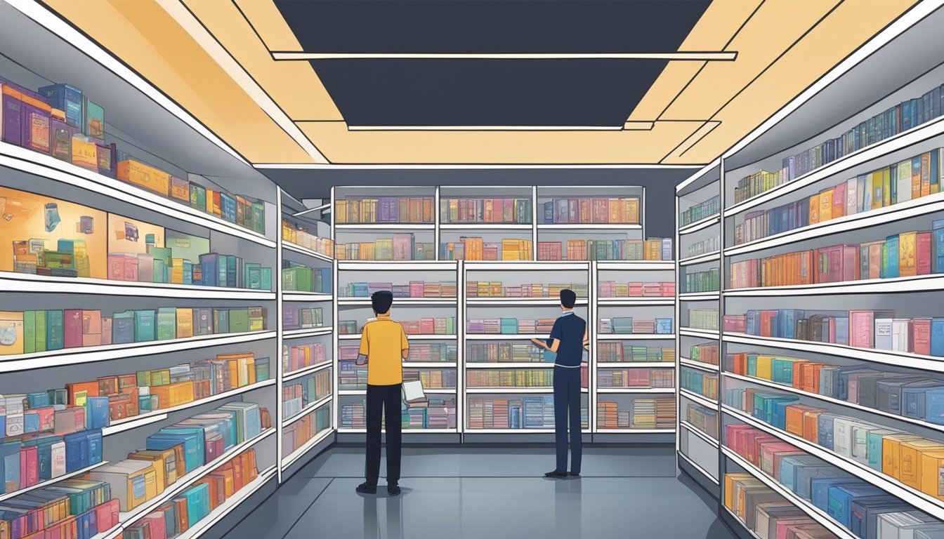 A bustling electronic store in Singapore displays a variety of e-dictionaries on sleek, modern shelves. Bright lights illuminate the latest models, while customers browse and compare features