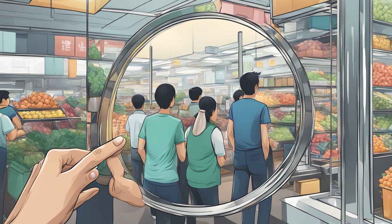 A hand reaches out to grab a sleek, modern mirror in a bustling Singaporean market