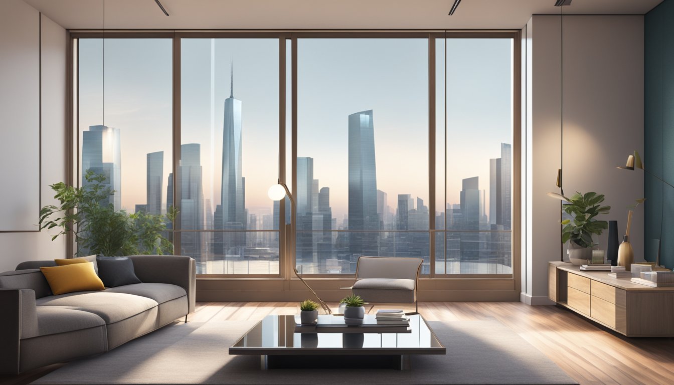 A stylish living room with a sleek, modern mirror reflecting the city skyline through the window