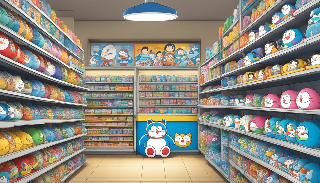 Doraemon merchandise displayed on shelves in a colorful and crowded Singaporean store, with a sign indicating "Doraemon" for sale
