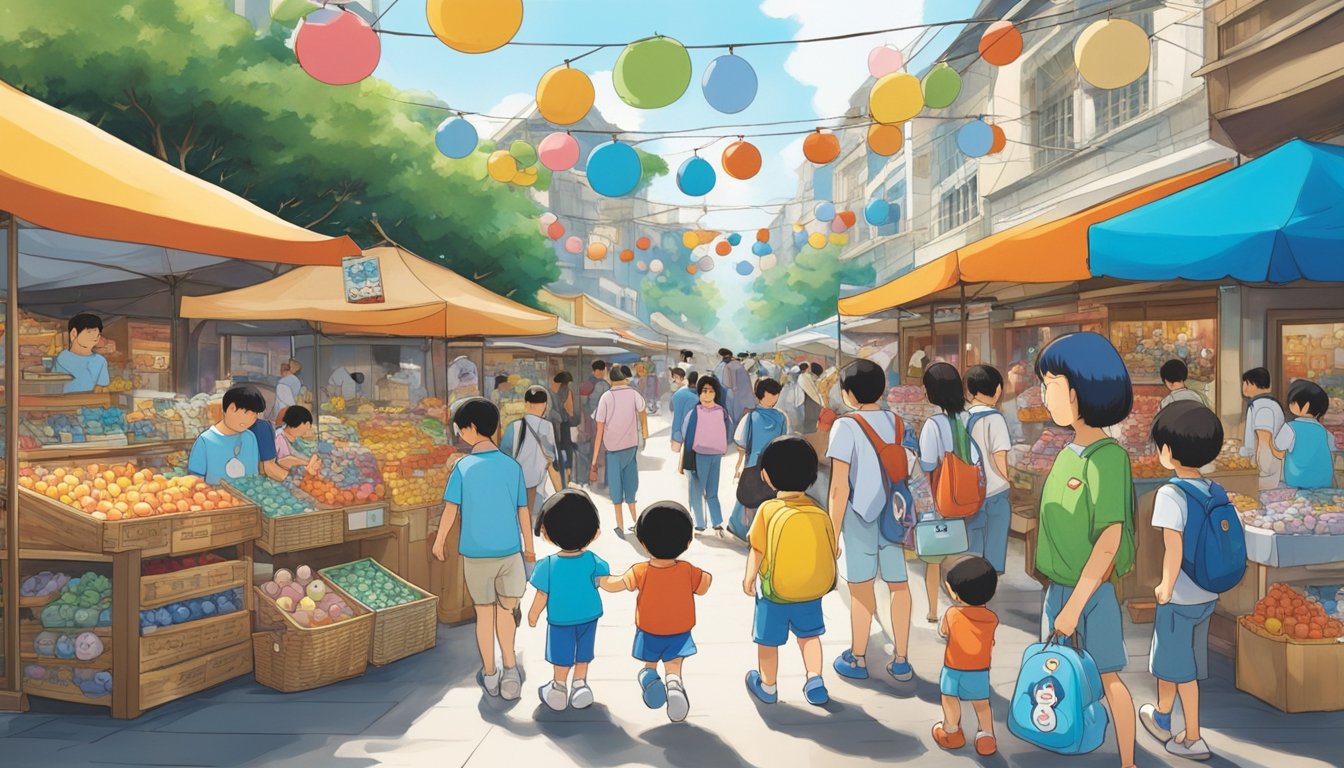 A bustling street market in Singapore displays colorful Doraemon merchandise, including plush toys, keychains, and clothing. Bright signs and eager shoppers create a lively atmosphere