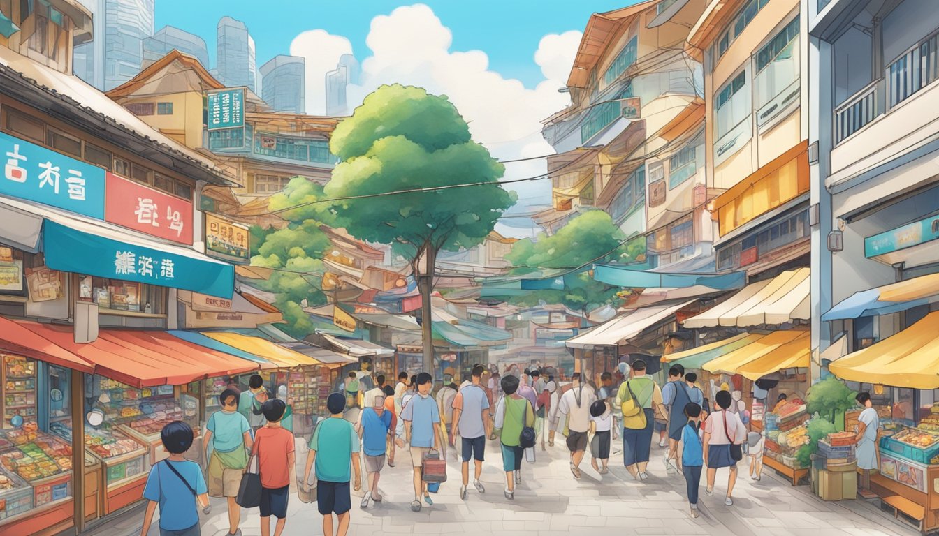 A bustling Singapore market with colorful shops and signs, showcasing Doraemon merchandise