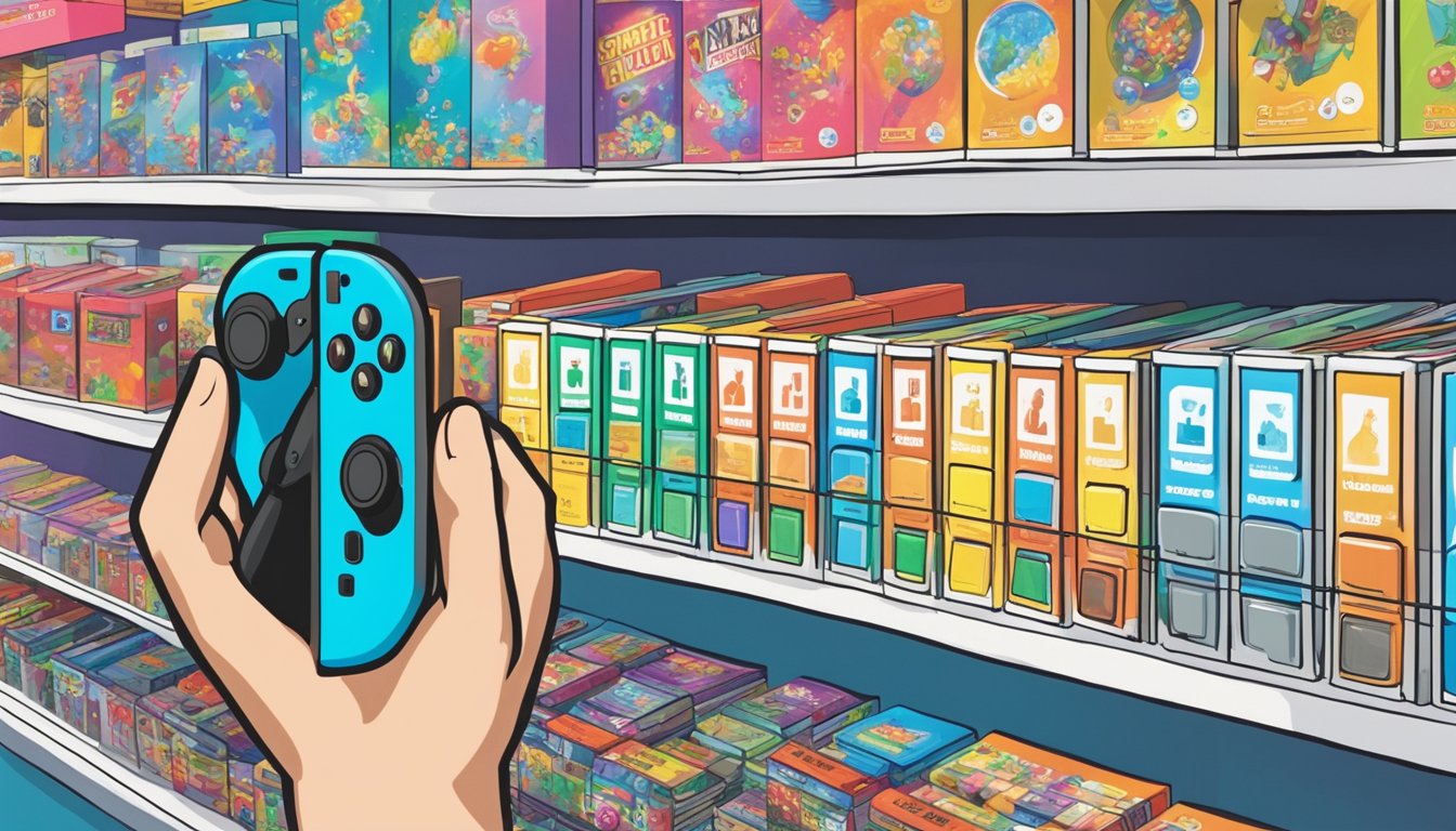 A hand reaching for a shelf lined with colorful Nintendo Switch games in a Singaporean electronics store