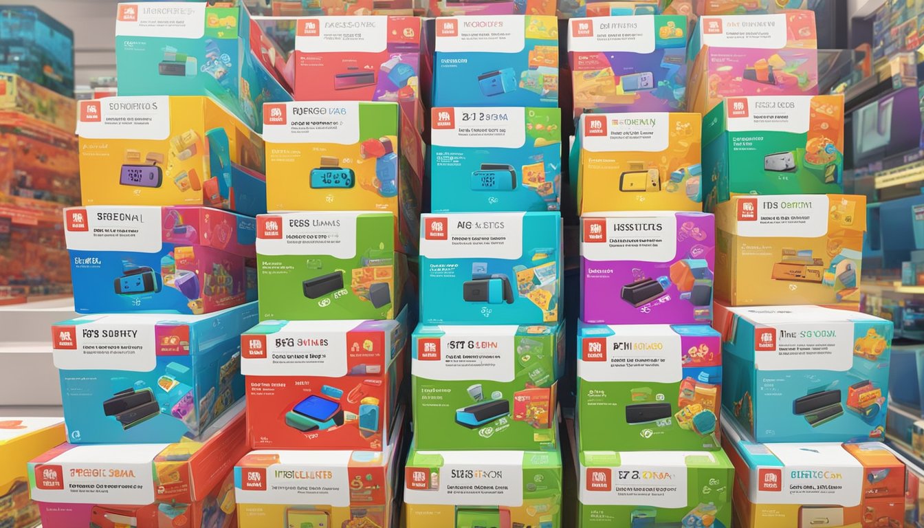 A stack of Nintendo Switch game boxes with a "Frequently Asked Questions" sign in a Singapore store