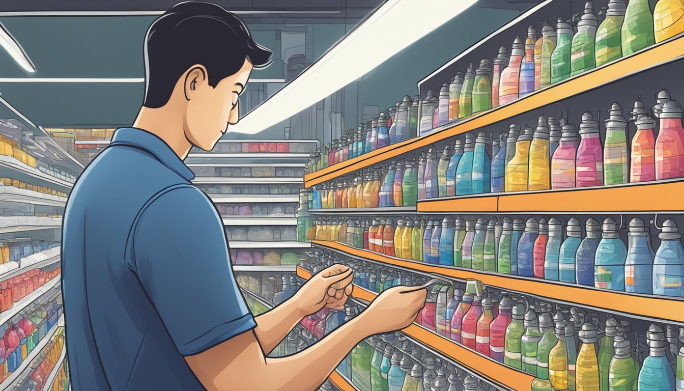 A car owner browsing shelves of car bulbs in a well-lit auto parts store in Singapore
