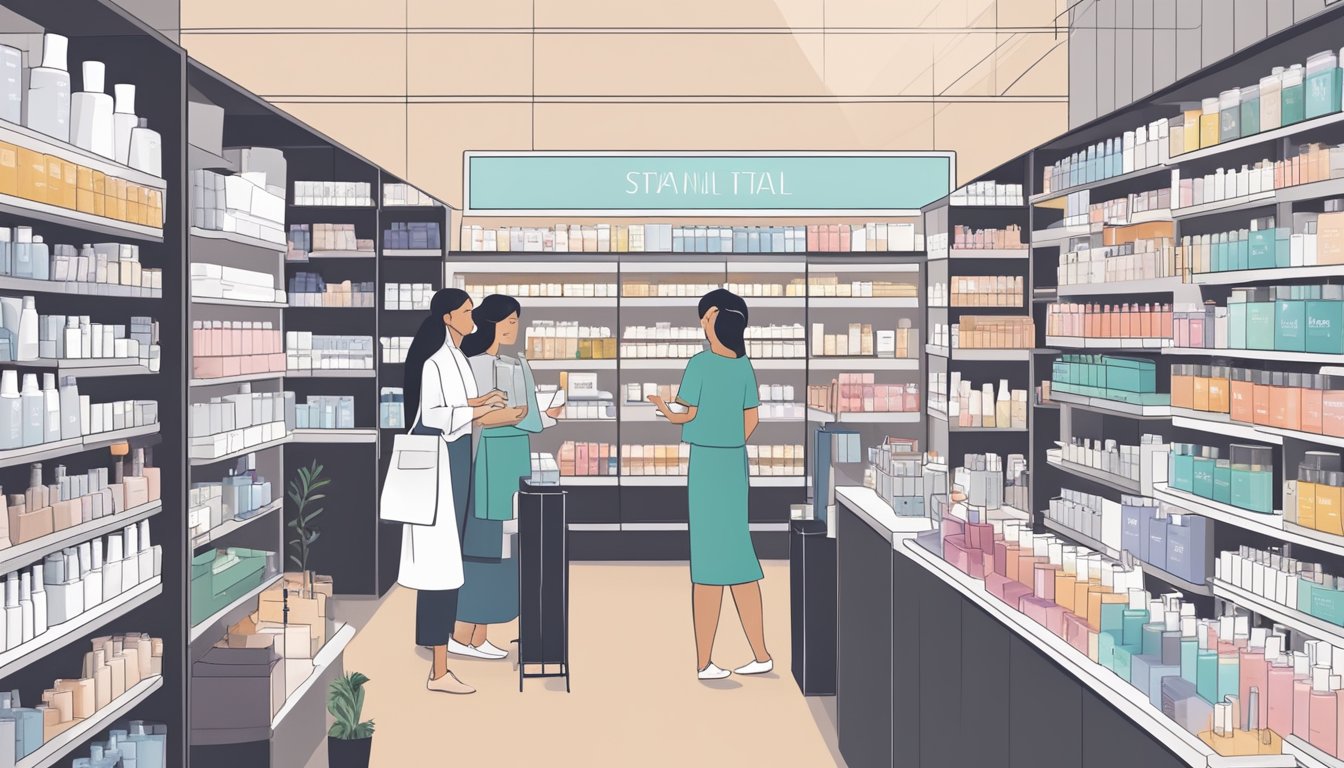 A bustling skincare store in Singapore with shelves stocked with Dermalogica products, customers browsing, and a helpful sales associate assisting a customer
