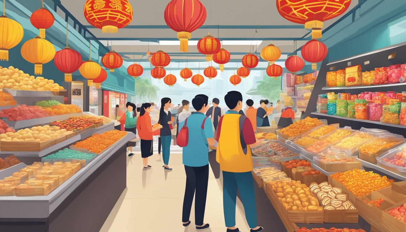A bustling market stall selling Chinese New Year goodies in Singapore. Brightly colored packaging and traditional treats line the shelves, while customers browse and make purchases