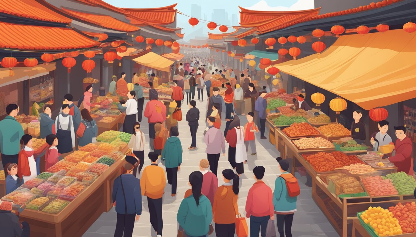 A bustling market with vibrant displays of traditional CNY treats and snacks, surrounded by eager customers sampling and purchasing festive goodies