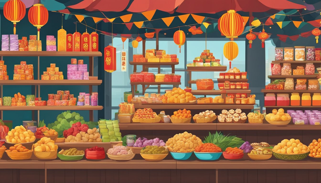 A colorful display of CNY goodies at a bustling market in Singapore. Various snacks and treats are neatly arranged on shelves and tables, with vibrant packaging and festive decorations adding to the lively atmosphere