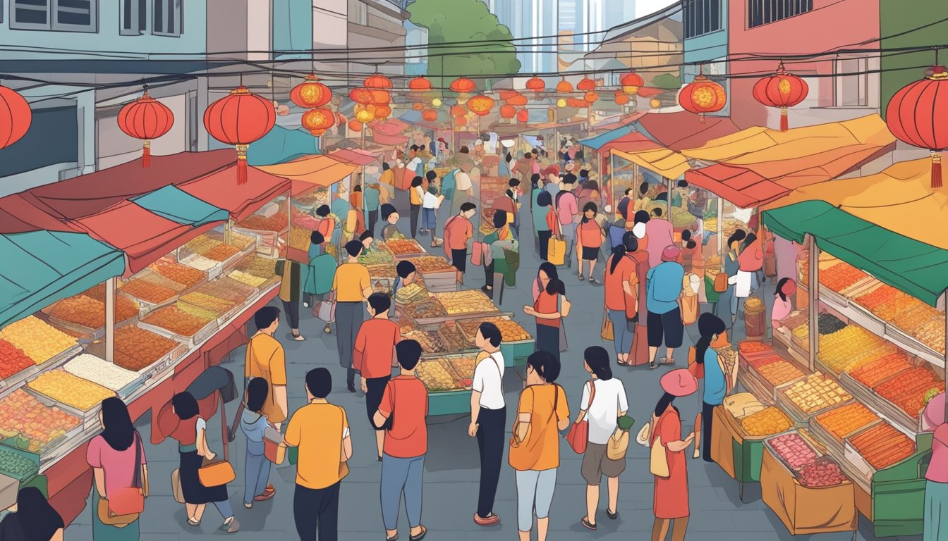A bustling market filled with colorful stalls selling Chinese New Year goodies in Singapore. Customers browse and purchase traditional snacks and festive decorations