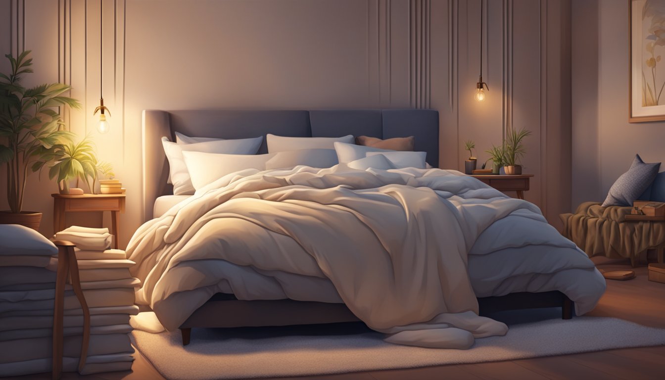 A cozy bed with a plump, fluffy pillow, surrounded by soft blankets and dim lighting, creating an inviting atmosphere for relaxation and comfort