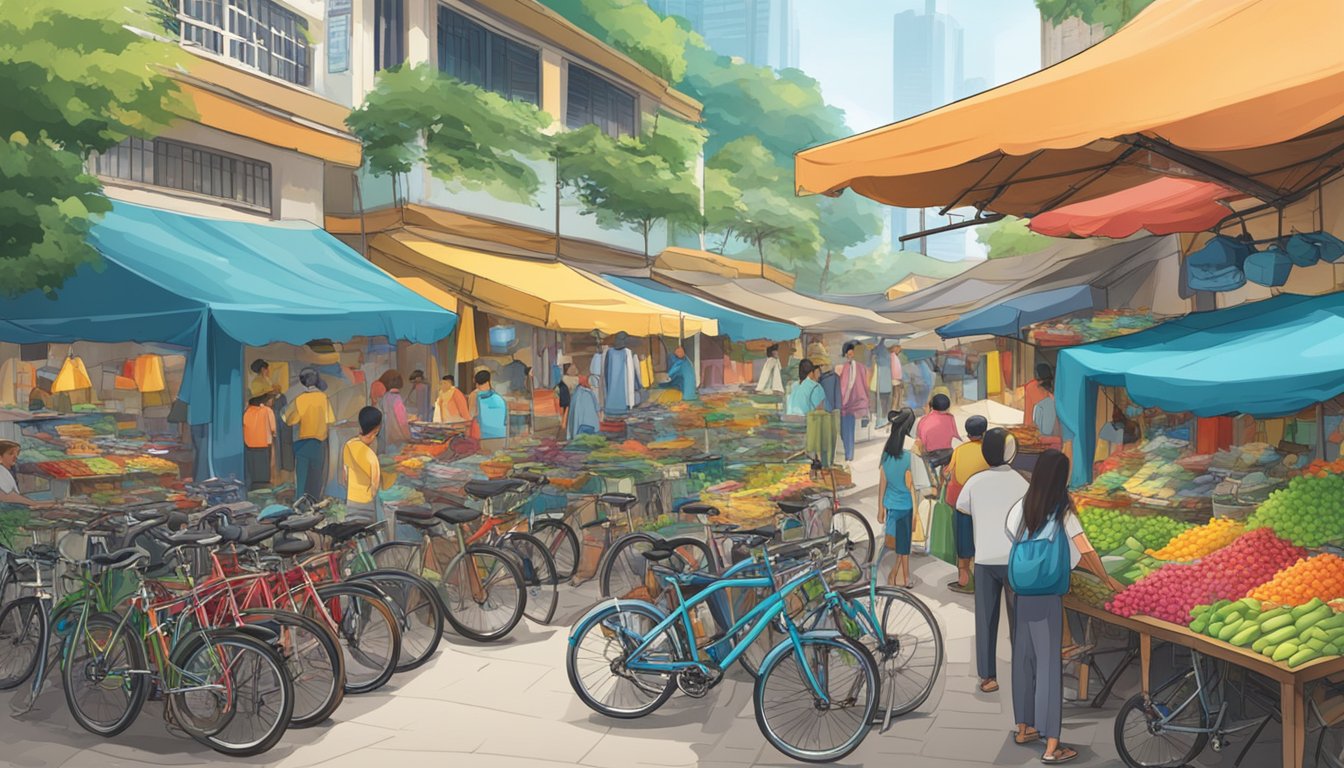 A bustling street market with colorful bicycles on display, price tags prominently featured, and a sign advertising "cheap bicycles for sale" in Singapore