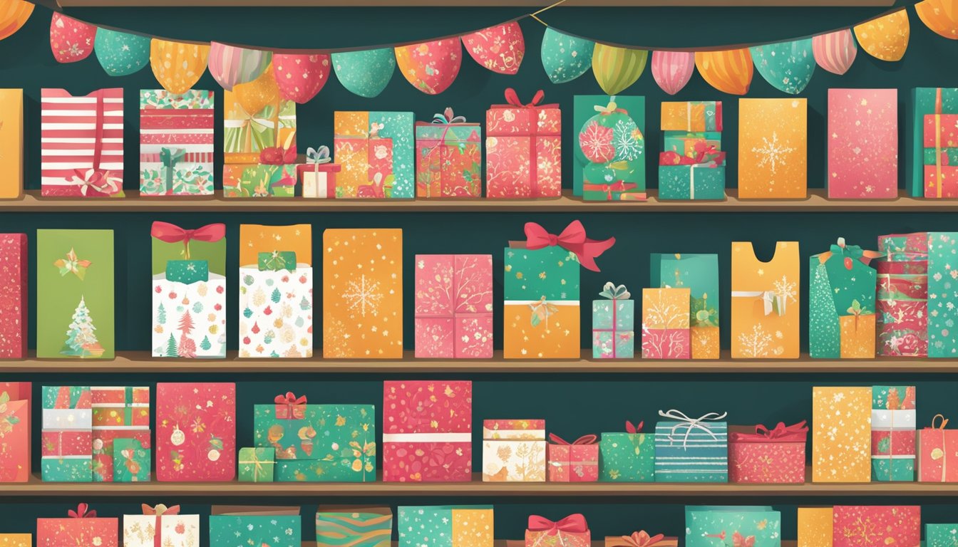 A festive display of Christmas cards at a shop in Singapore. Brightly colored cards with holiday designs are neatly arranged on shelves