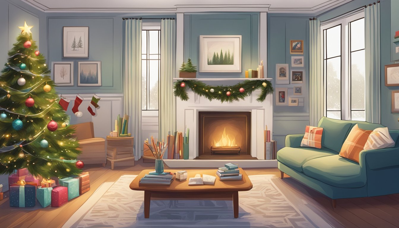 A cozy living room with a decorated Christmas tree, a stack of custom Christmas cards, and a table with art supplies