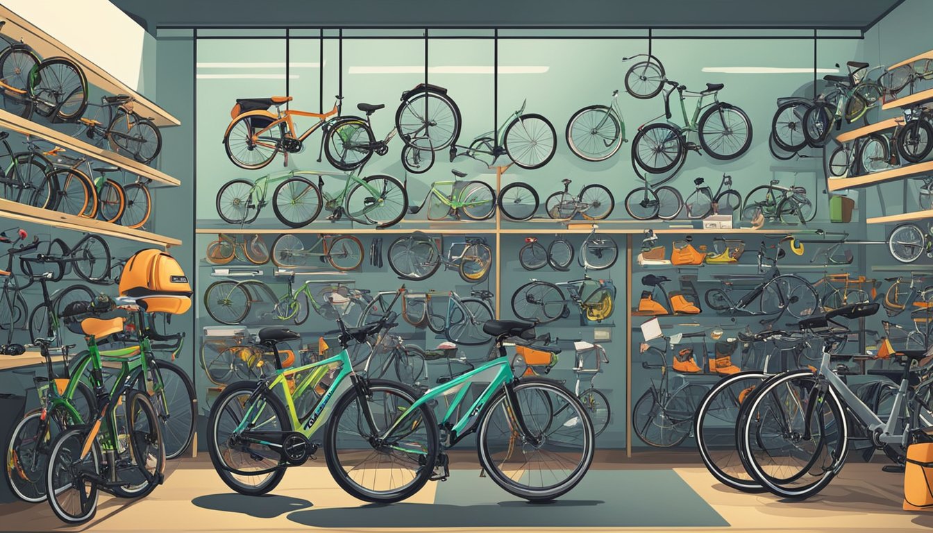 Various bicycles and accessories on display in a Singapore bike shop. Prices are labeled as "cheap."