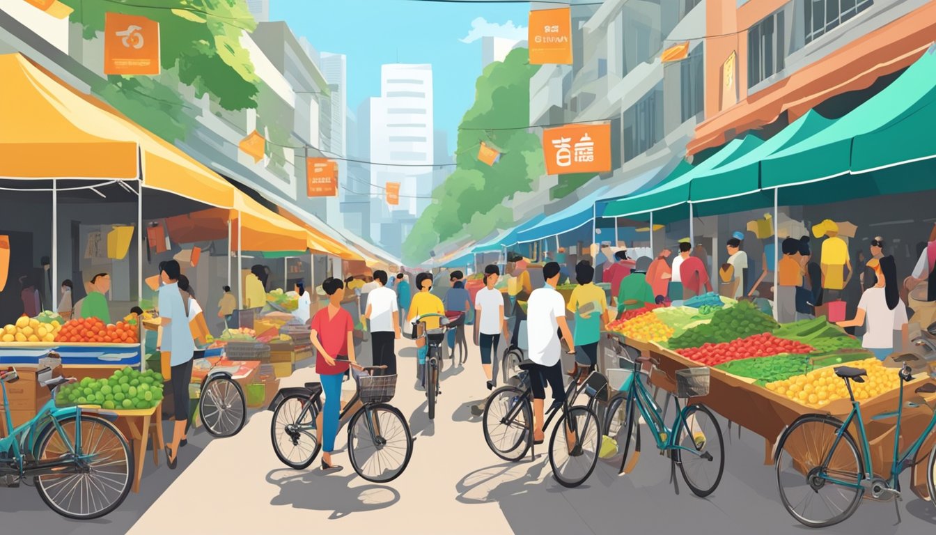A bustling street market with rows of bicycles on display, colorful signs advertising "cheap bikes," and shoppers browsing for deals in Singapore