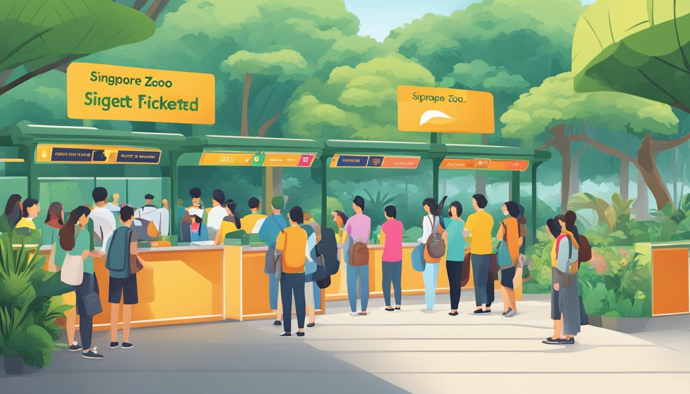 Visitors line up at the ticket counter, surrounded by lush greenery and colorful signage, in search of affordable Singapore Zoo tickets