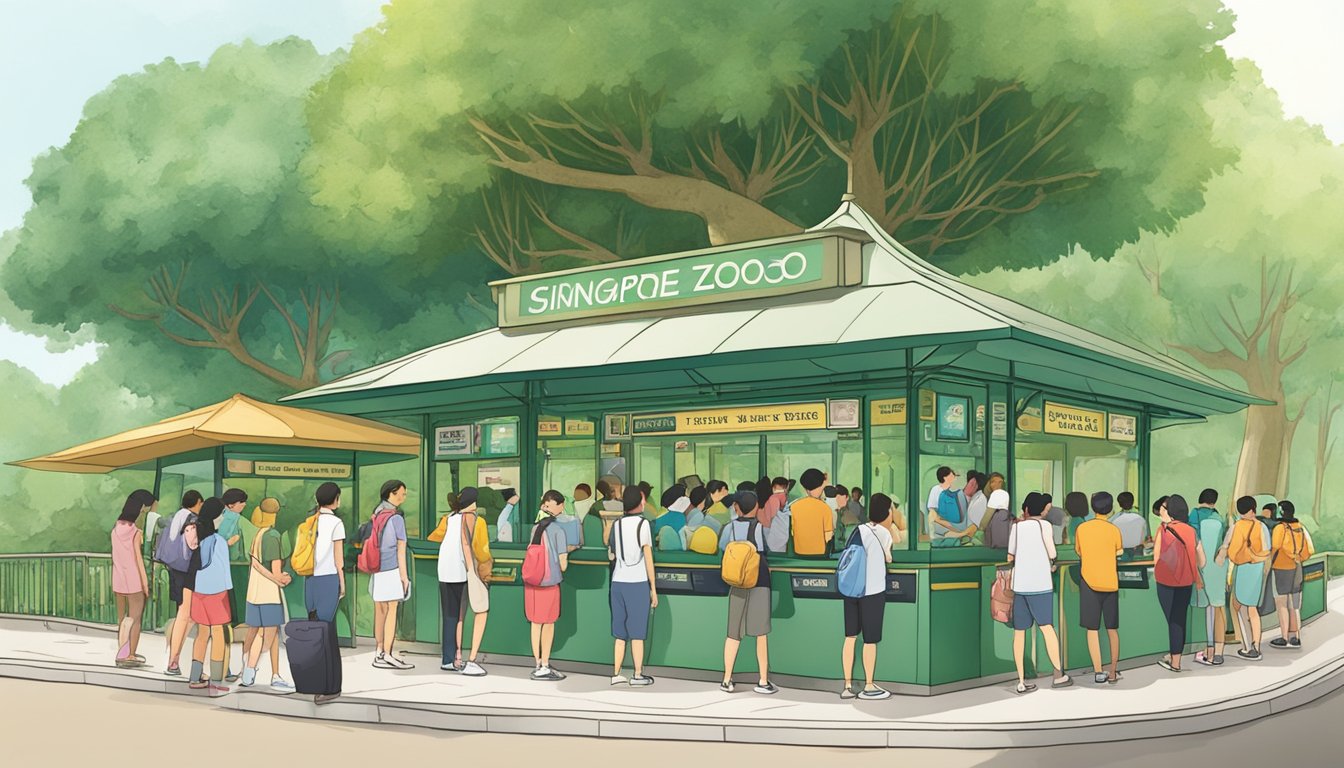Visitors line up at the ticket booth, surrounded by lush greenery and playful animal sculptures, eager to purchase discounted Singapore Zoo tickets
