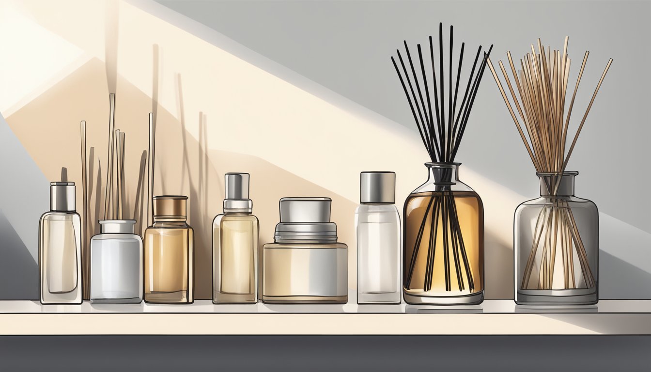 A hand reaches for a reed diffuser on a sleek, modern shelf. Soft lighting highlights the elegant glass bottle and the array of reeds