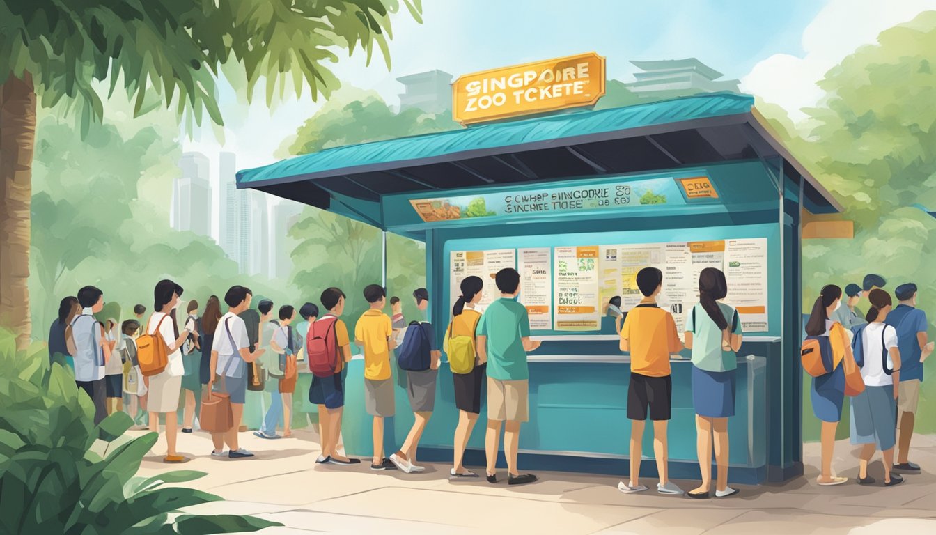 People lining up at a ticket booth, signs advertising "cheap Singapore Zoo tickets," and a busy atmosphere